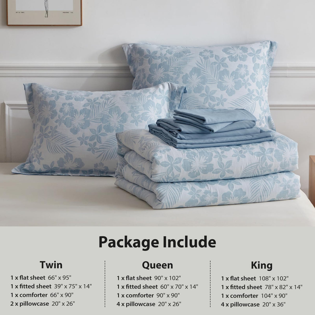 Queen Comforter Set, White Blue Floral Bedding Comforter Sets