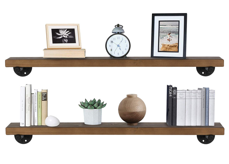 Industrial Pipe Wood Wall Shelf - 36" Espresso Real Wooden Shelving - Modern Interior