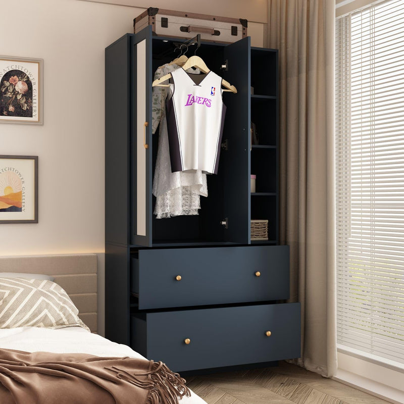 Modern Armoire Wardrobe with Mirror & Sliding Hanging Rod, 2 Door Wardrobe with Drawers & Shelves