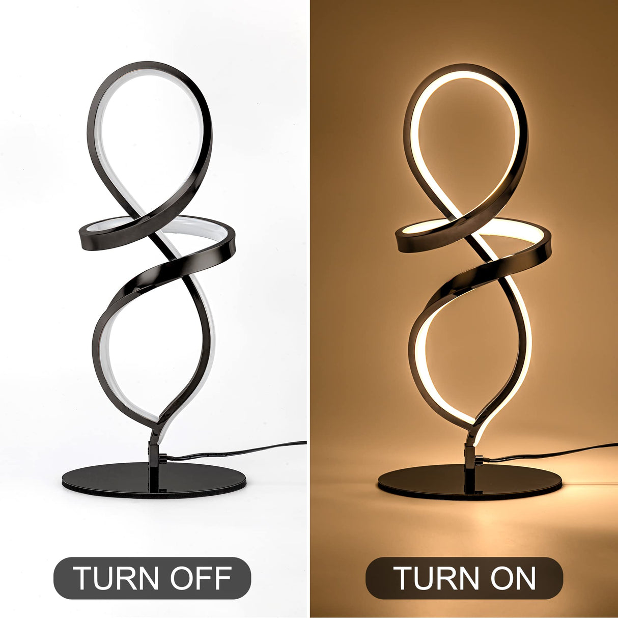 Modern Table Lamp, LED Spiral Lamp, Black Bedside Lamp with Stepless Dimming Switch