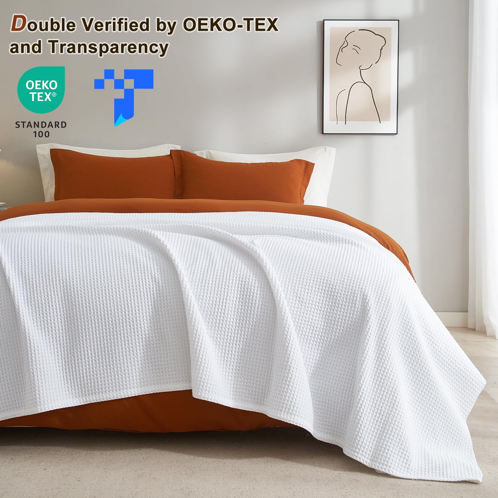 100% Cotton Waffle Weave Blanket King Size 104" x 90"-Lightweight Washed Soft