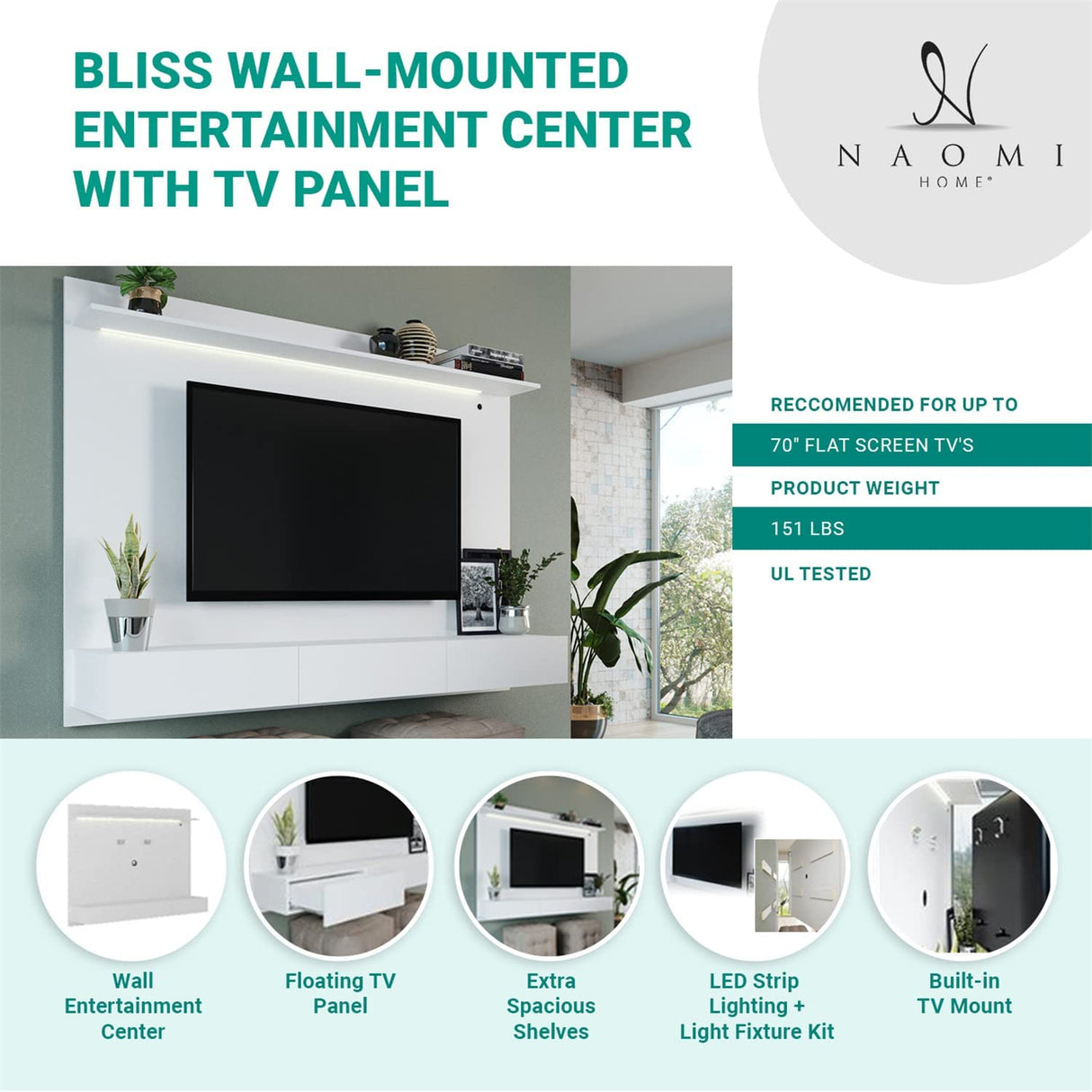 Bliss Modern Freestanding Wall Mounted Entertainment Center Floating TV