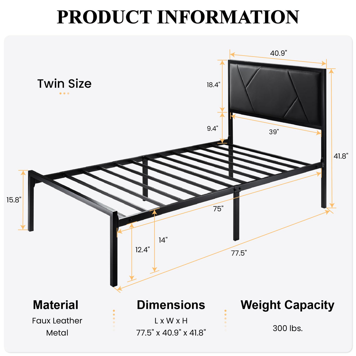 Metal Bed Frame with Litchi Grain Leather Upholstered Headboard