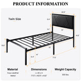 Metal Bed Frame with Litchi Grain Leather Upholstered Headboard