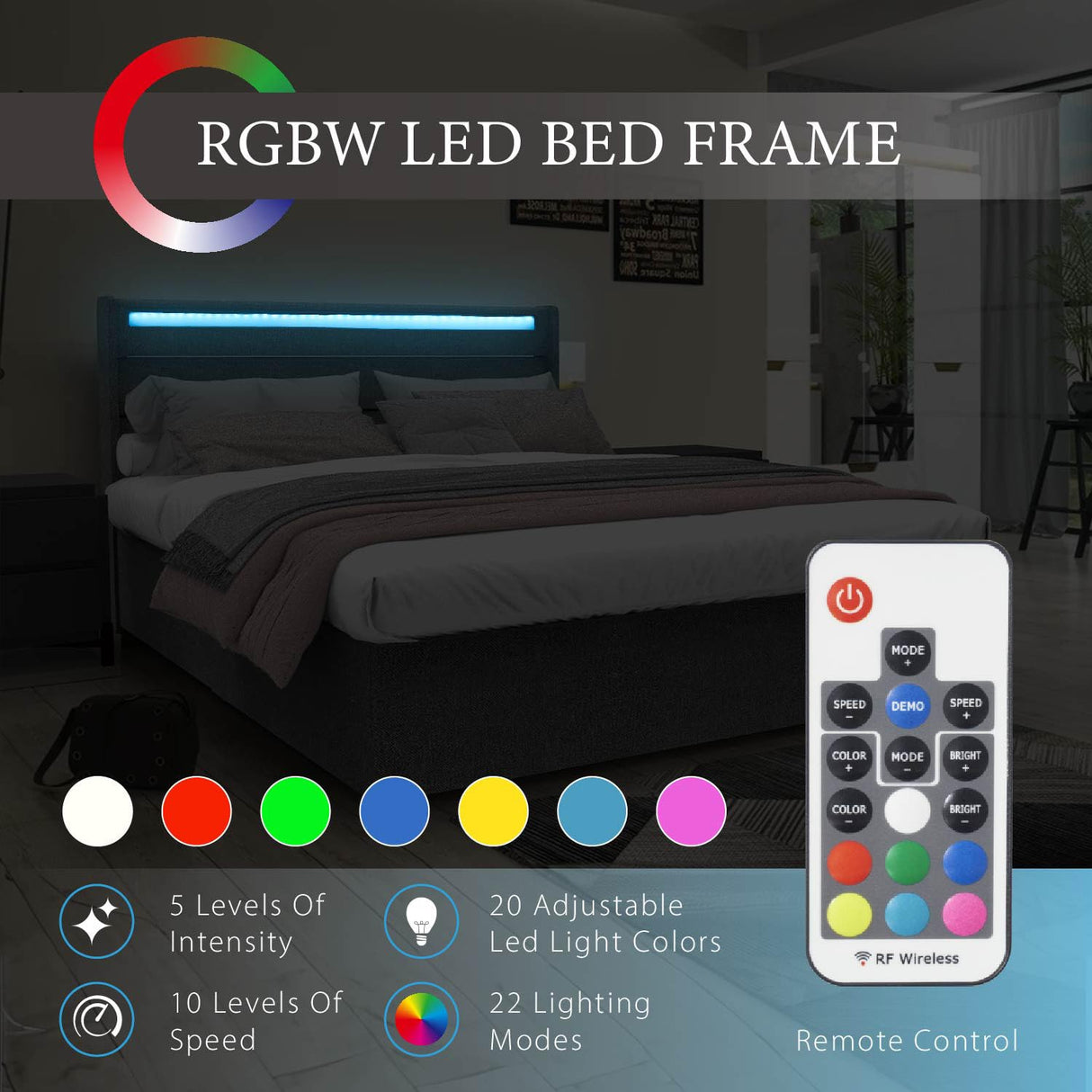 Queen Bed Frame with RGBW LED Lights, Upholstered Headboard & 4 Storage Drawers