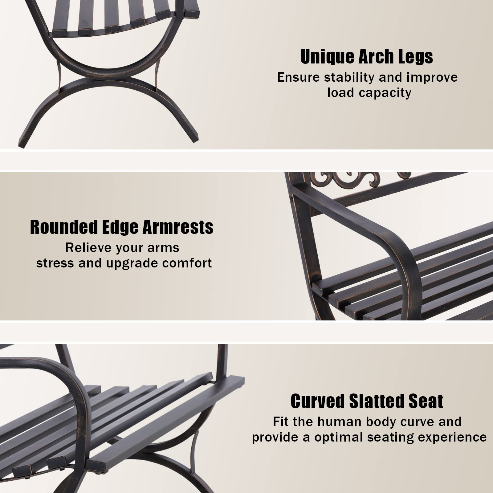 50 Inches Outdoor Garden Bench,Cast Iron Metal Bench with Floral Pattern