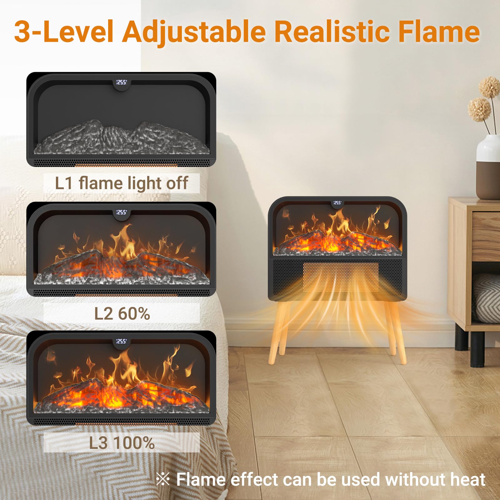 Freestanding Electric Fireplace with Realistic Flame & Solid Wood Stand