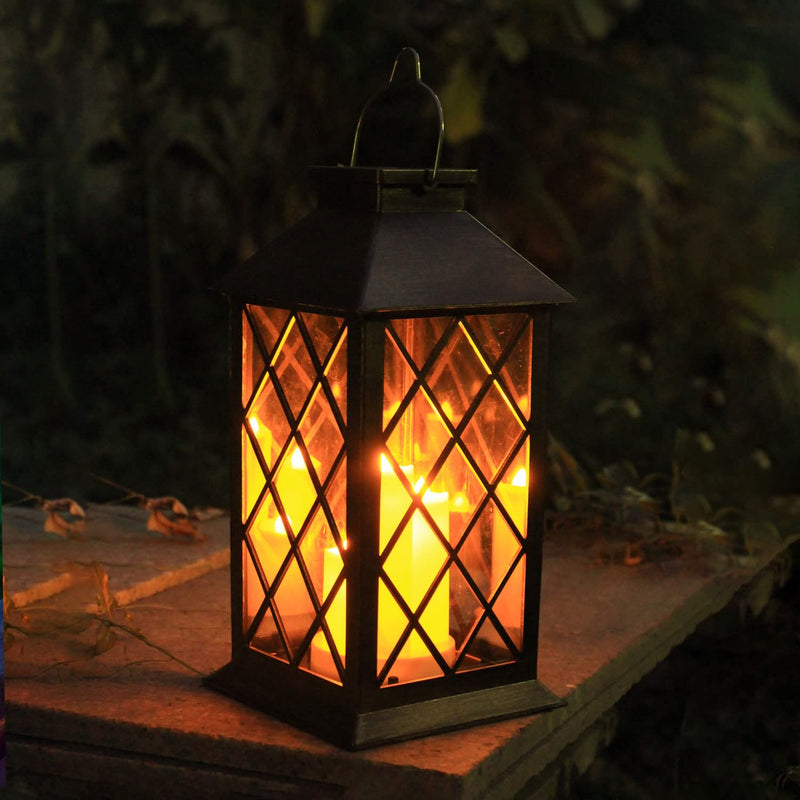 Solar Lantern Outdoor, Garden Hanging Lantern- PVC Waterproof 3 LED Flickering Flameless Candle