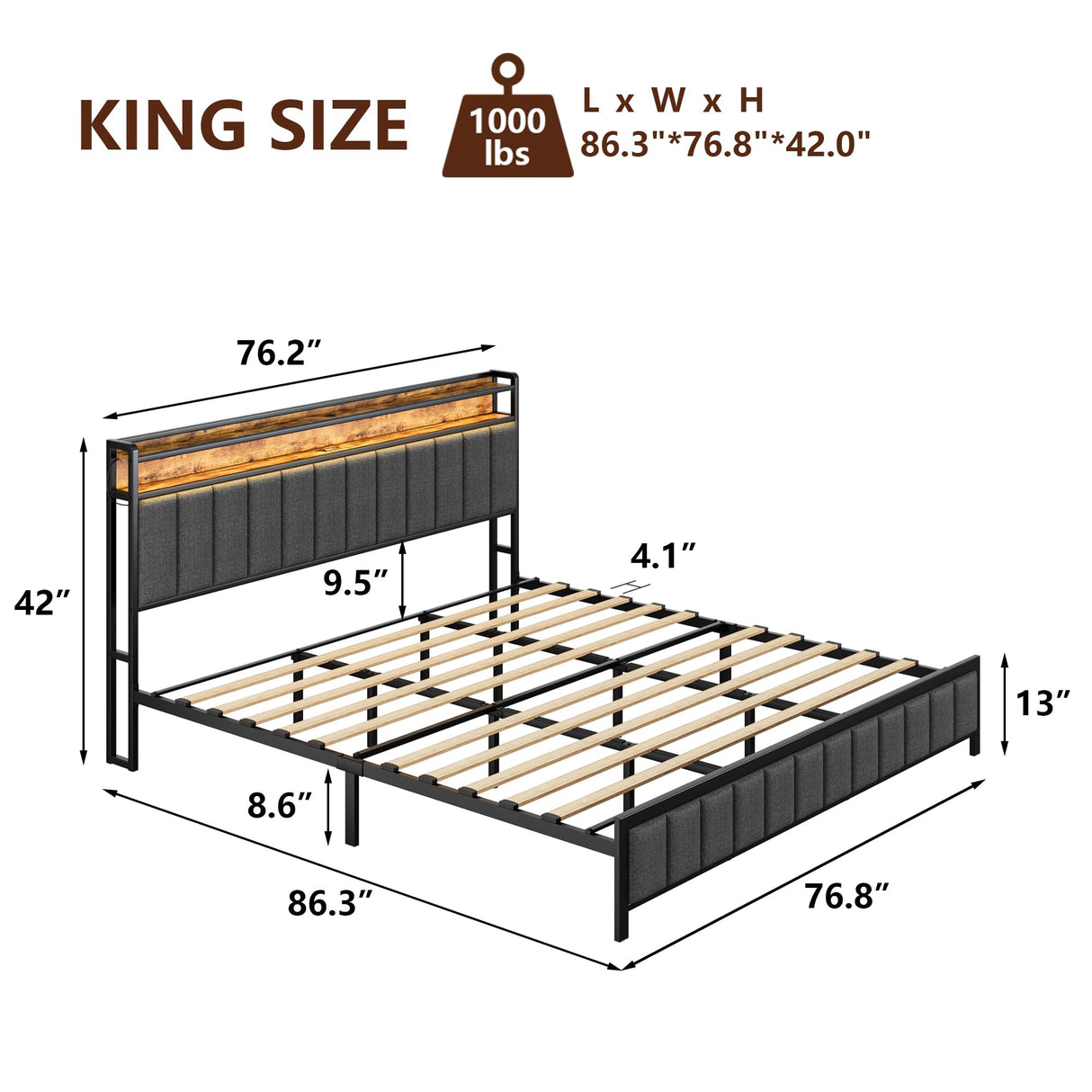 King Bed Frame with Charging Station, Upholstered King Size Bed Frame with LED Lights