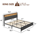 King Bed Frame with Charging Station, Upholstered King Size Bed Frame with LED Lights