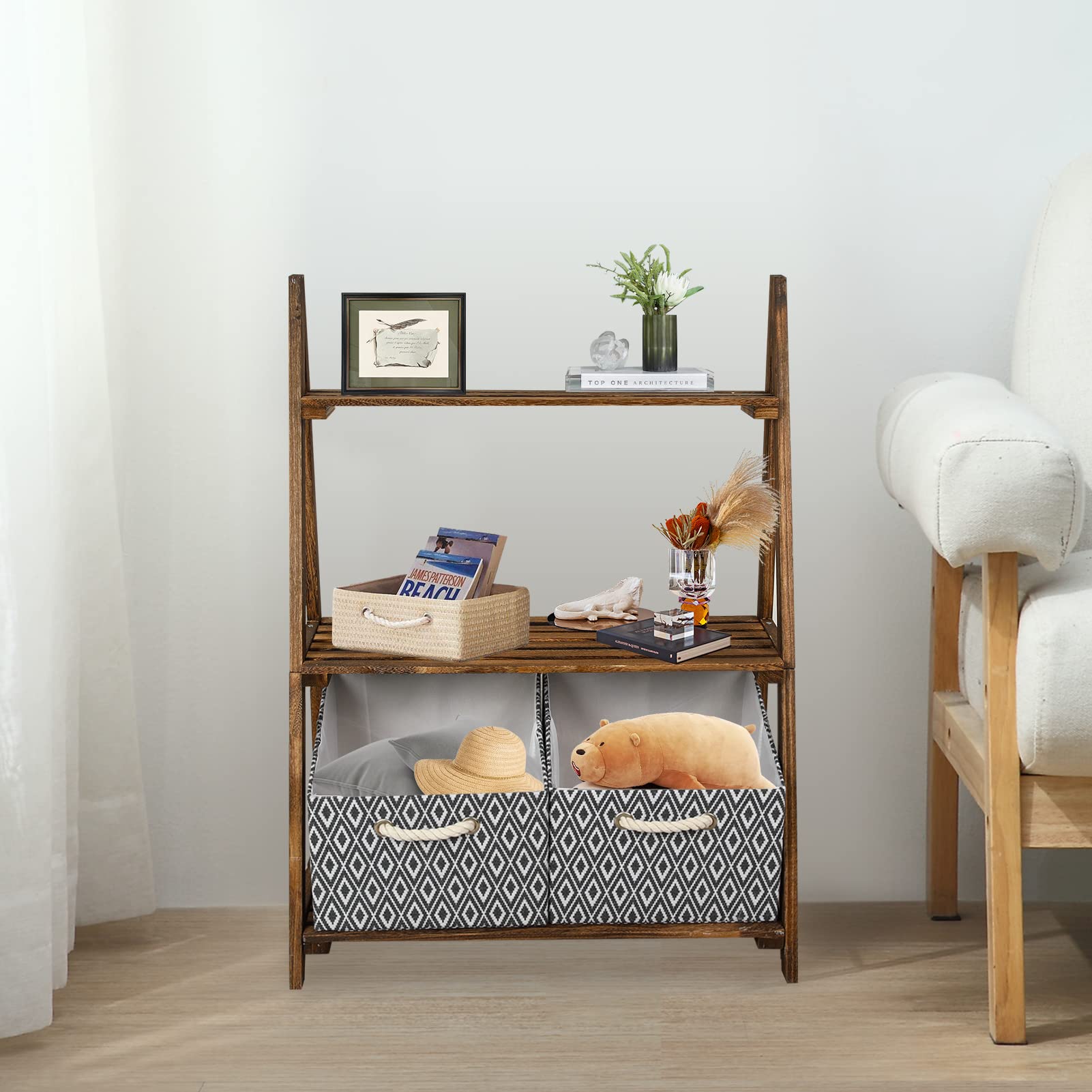 Rustic 3-Tier Wooden Ladder Shelf – Small Storage Stand with Baskets