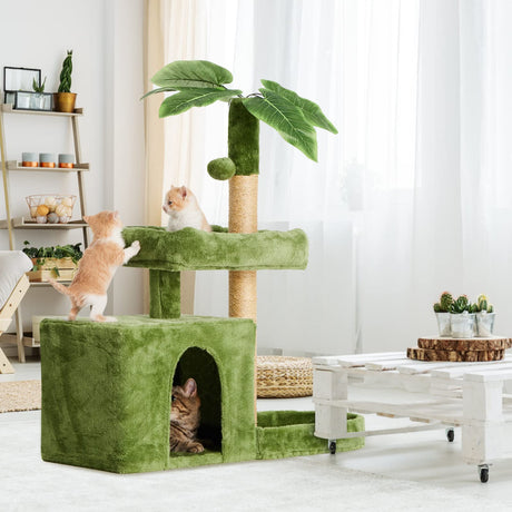 31.5" Cat Tree/Tower for Indoor Cats with Green Leaves, Cat Condo Cozy Plush Cat House