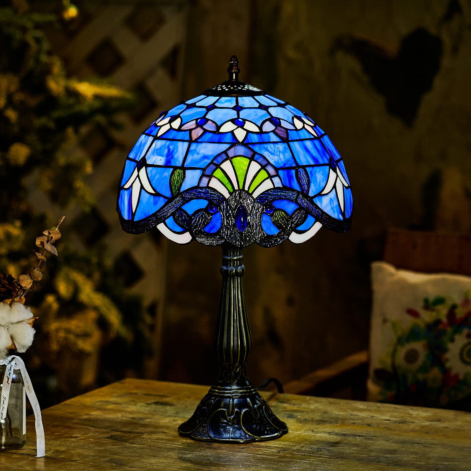 Tiffany Table Lamp Blue Stained Glass Style Vintage