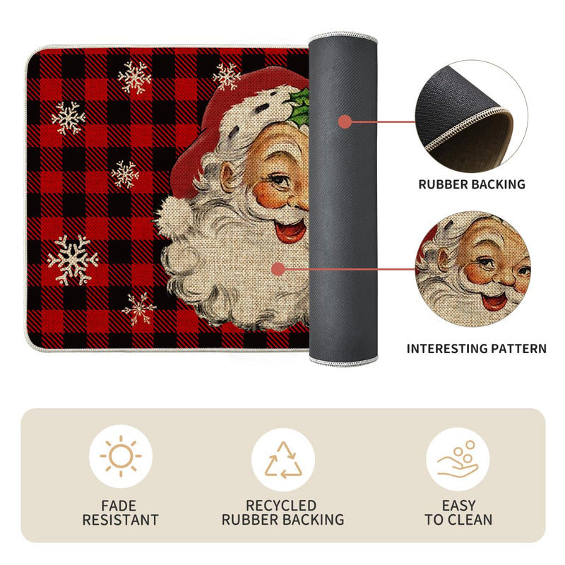 Buffalo Plaid Snow Santa Claus Christmas Kitchen Rugs Set of 2, Winter Low-Profile Floor