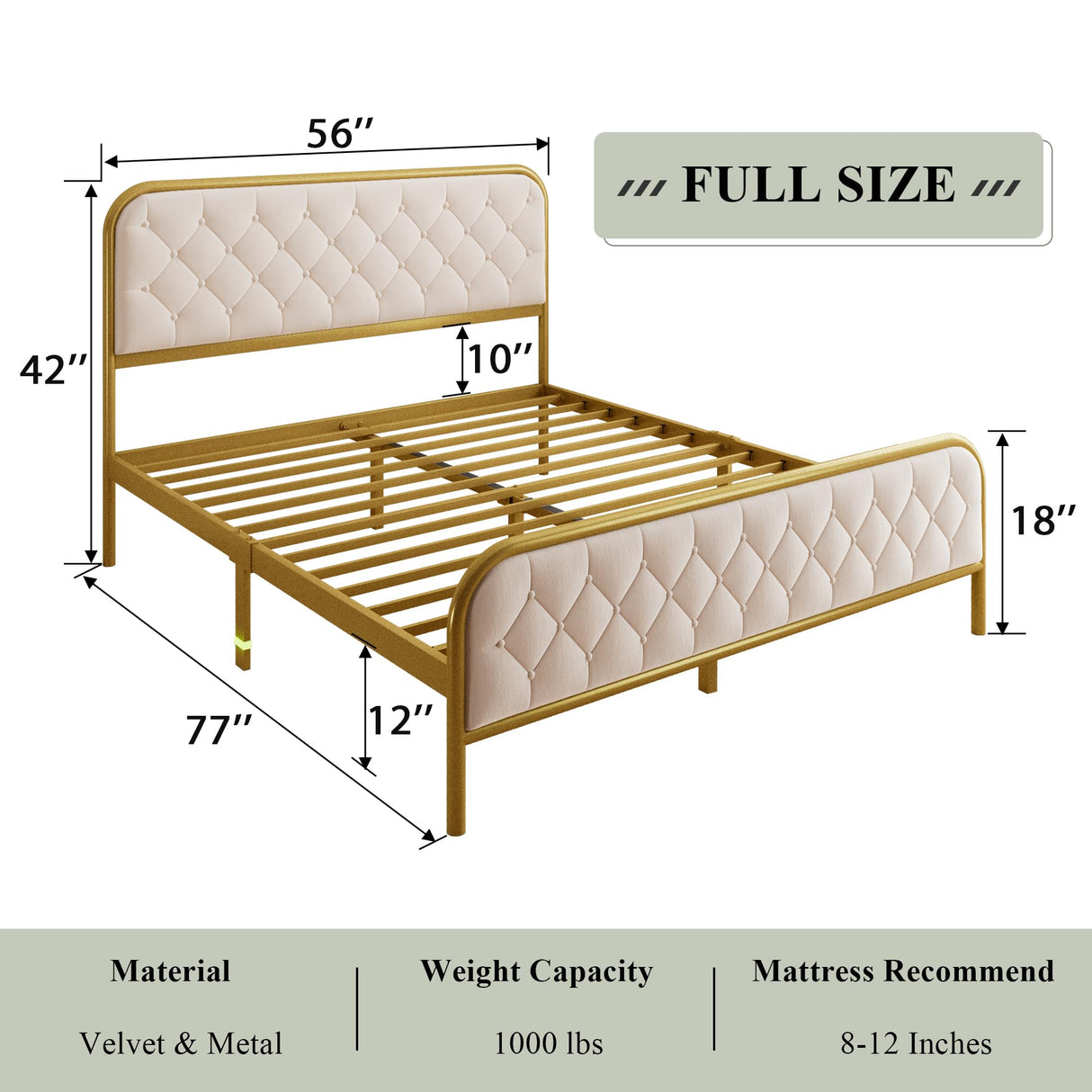 Full Size Bed Frame, Upholstered Bed Frame with Diamond Tufted Headboard