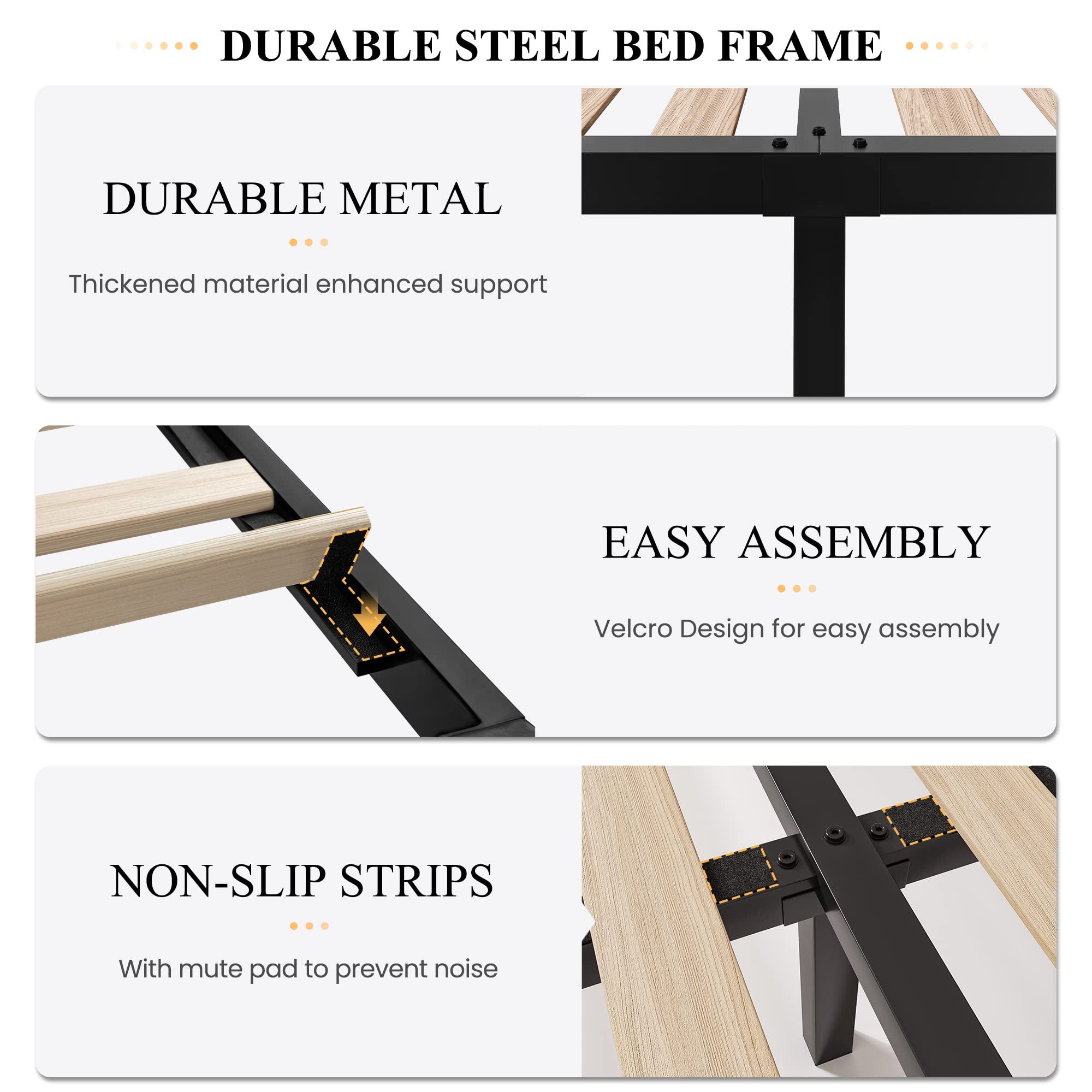 Queen Bed Frame with Tall Upholstered Headboard, Metal Structure, Wood Slat Support