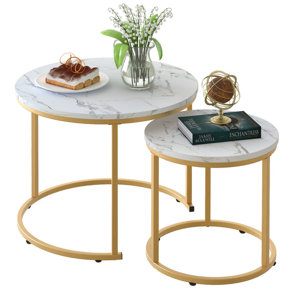 Coffee Table Nesting White Set of 2 Side Set Golden Frame Circular and Marble Pattern Wooden Tables