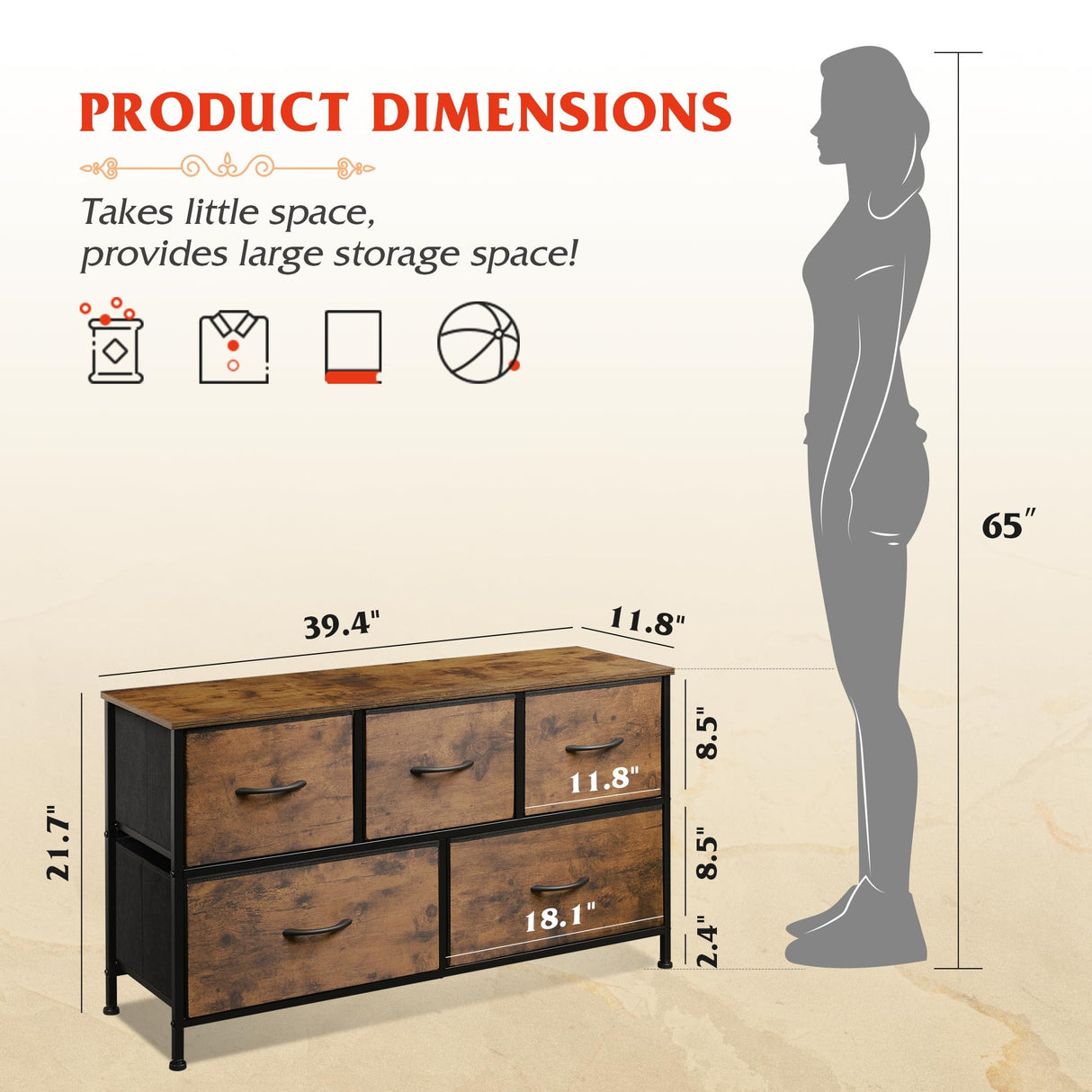 Dresser for Bedroom with 5 Drawers, Wide Chest of Drawers, Fabric Dresser