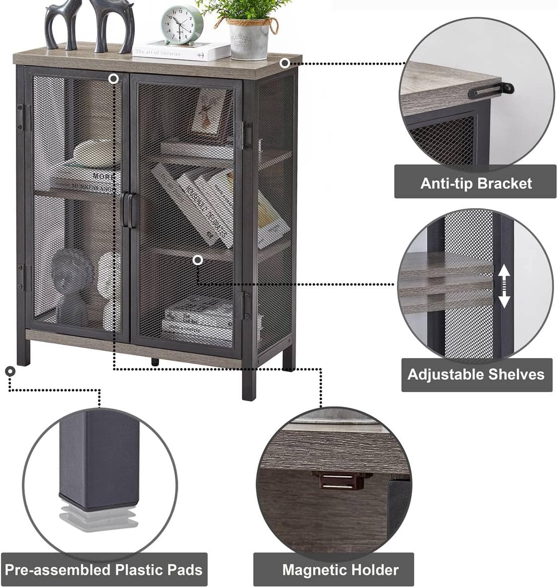 Industrial Coffee Bar Cabinet with Storage, Farmhouse Wood Metal Cabinet