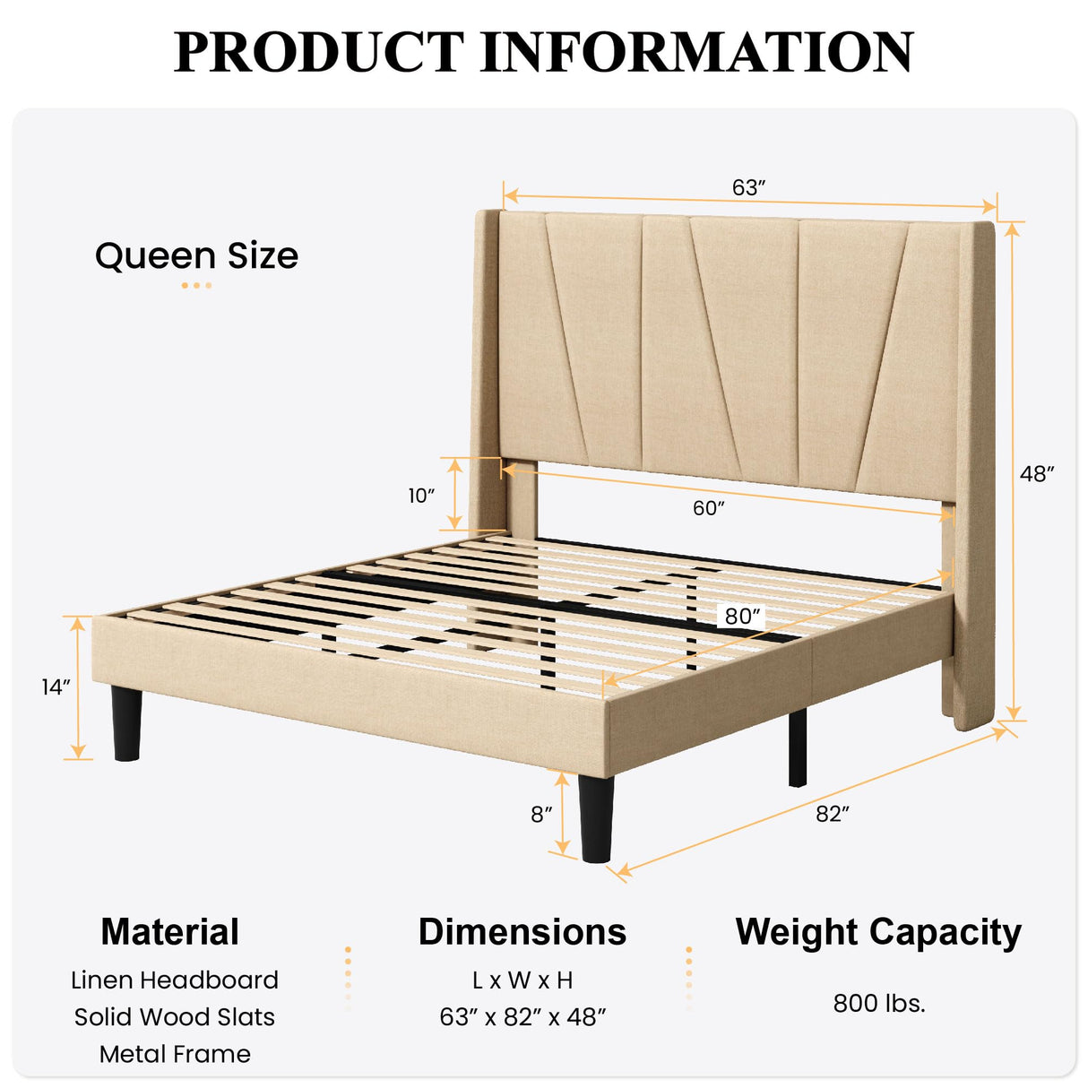 Queen Size Bed Frame with Geometric Wingback Headboard