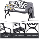 50 Inches Outdoor Garden Bench ,Cast Iron Metal Frame Patio Park Bench with Floral Pattern