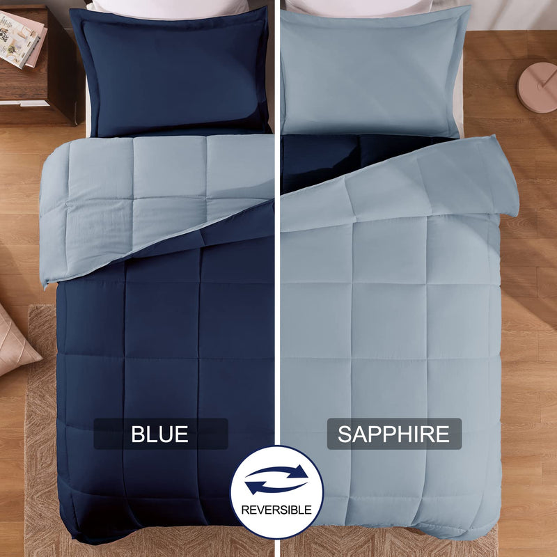 Queen Size Comforter Set - Reversible Washed Microfiber Navy and Blue Comforter