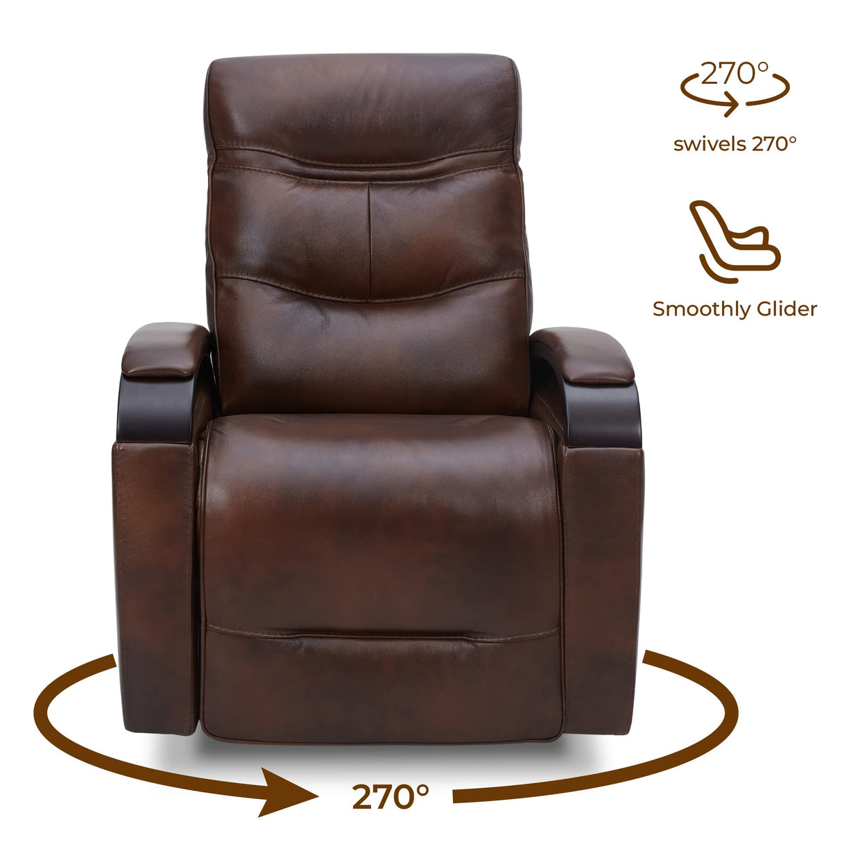 Genuine Leather Power Swivel Glider Rocker Recliner, USB Charge Power Headrest Wooden Contrast