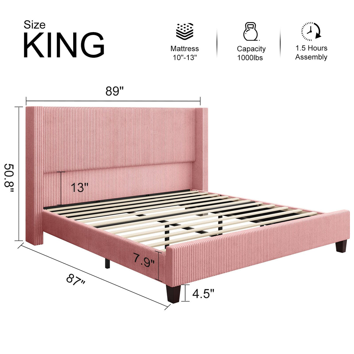 King Size Upholstered Platform Bed Frame, Wingback Bed with 50.8" Headboard