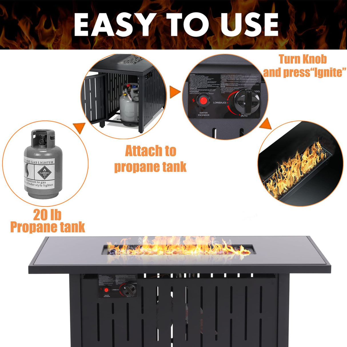 43 in Propane Fire Pit Table, 50,000 BTU Auto-Ignition Table, Gas Fire Pits