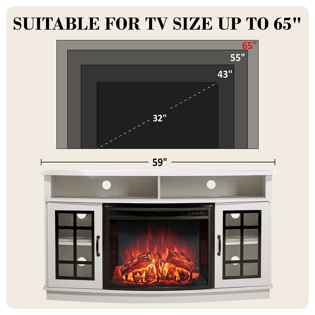 Curved TV Cabinet with 26 Electric Fireplace for TVs up to 65