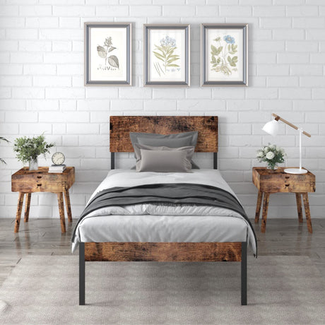 Bed Frame with Wooden Headboard and Footboard, Metal Platform Bed Frame