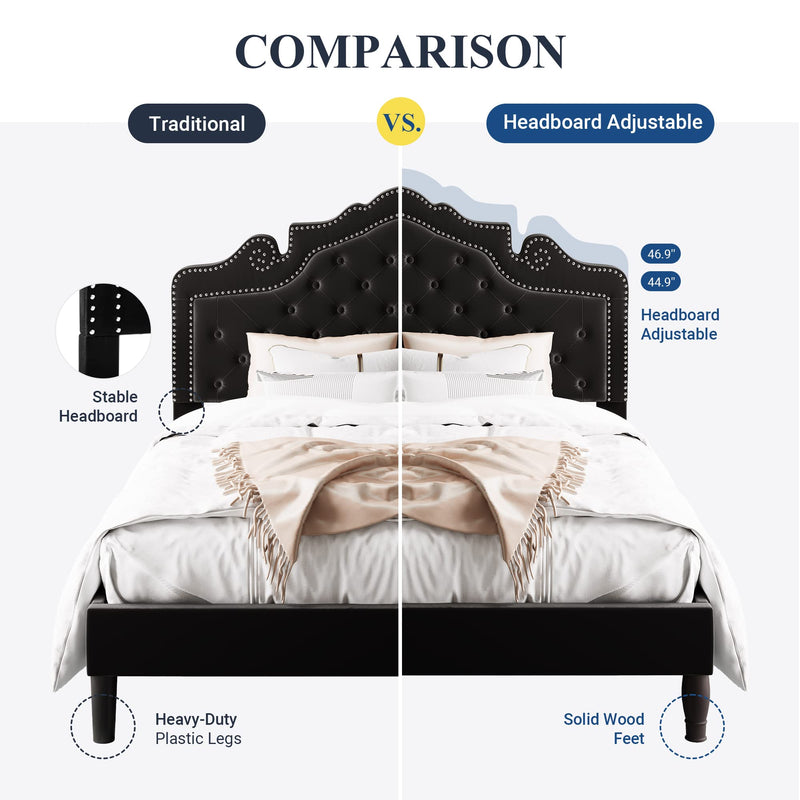 Full Size Bed Frame with Adjustable Velvet Tiara Headboard, Upholstered Diamond Button