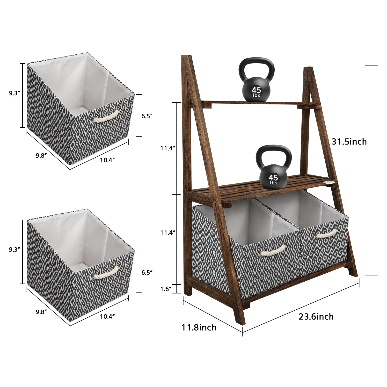 Rustic 3-Tier Wooden Ladder Shelf – Small Storage Stand with Baskets