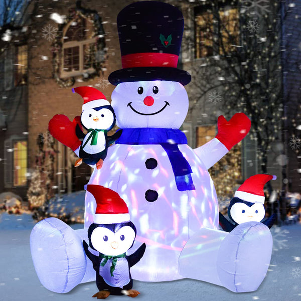 7ft Inflatable Christmas Snowman with Penguins, Rotating 7 Color Changing Led Lights