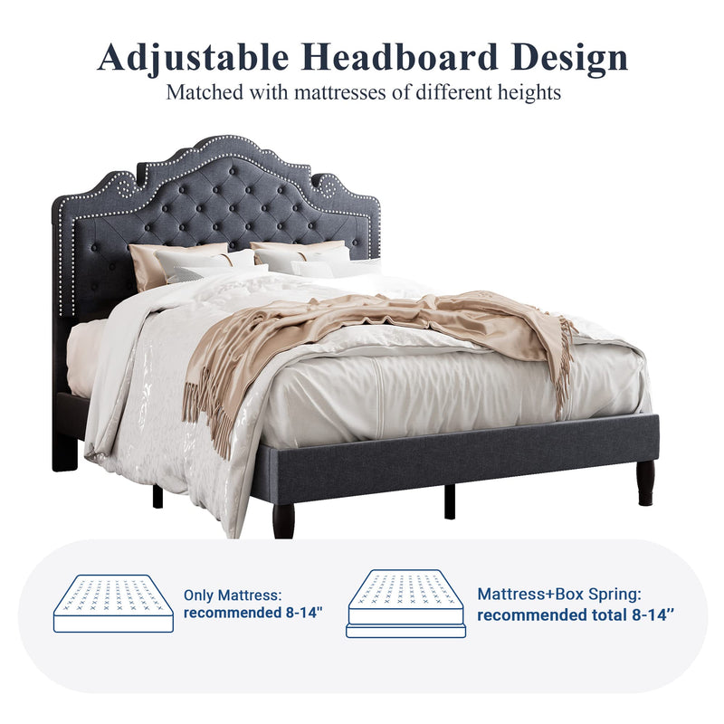 Queen Bed Frame with Adjustable Tiara Headboard, Fabric Upholstered Diamond Button Tufted