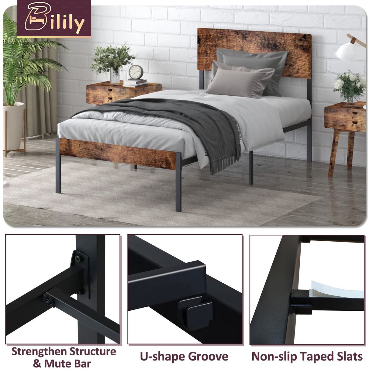 Bed Frame with Wooden Headboard and Footboard, Metal Platform Bed Frame