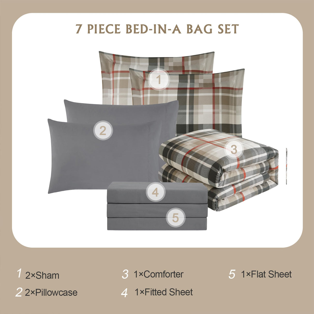 Queen Comforter Set, Plaid Design Comforter Set 7 Pieces