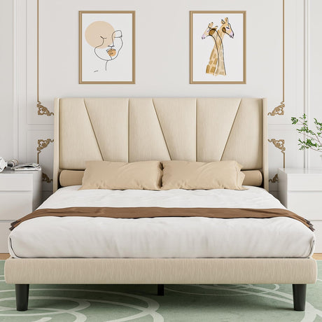 Upholstered Bed Frame Queen with Geometric Headboard