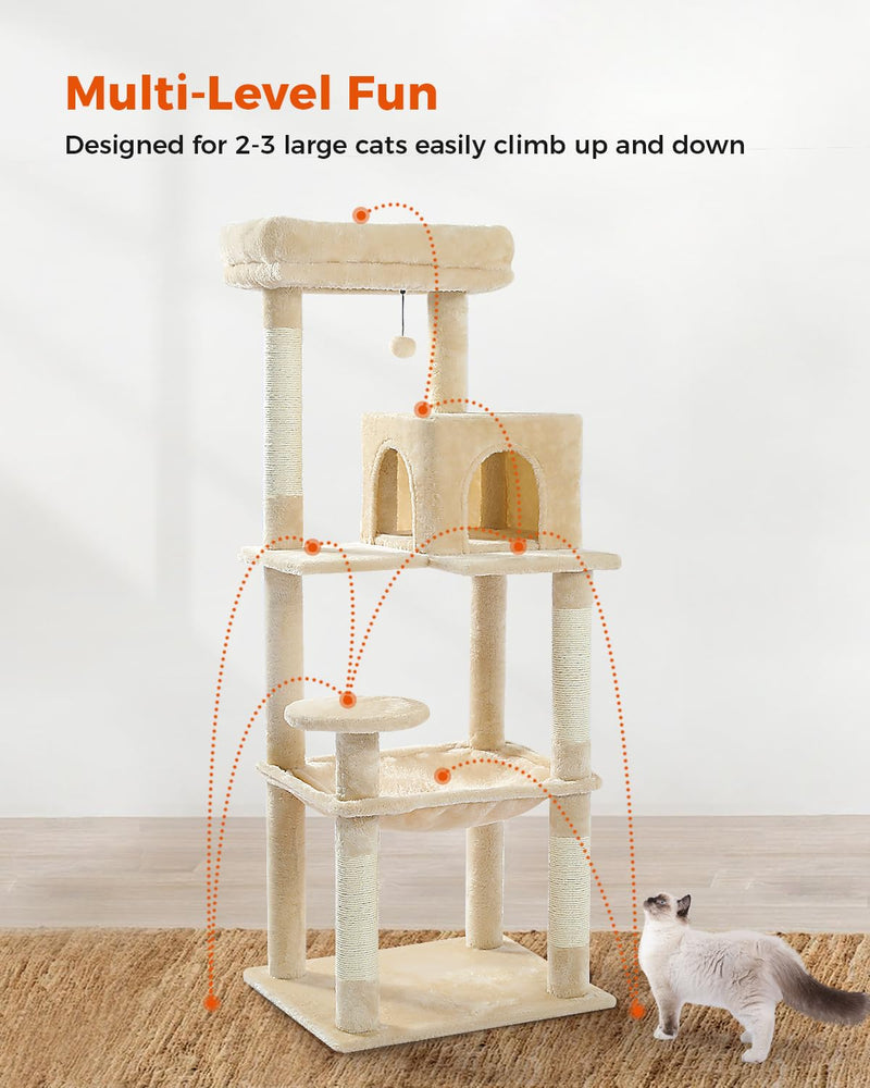 56.3'' Tall Cat Tree for Indoor Cats, Multi-Level Cat Tower with Super Large Hammock