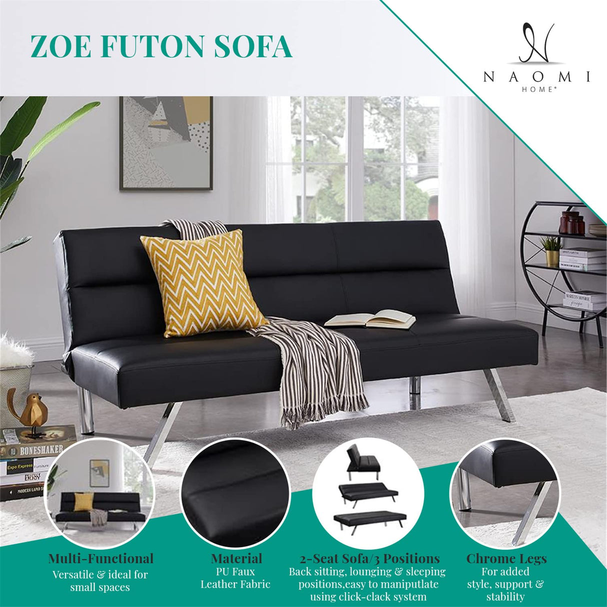 Zoe Futon Sofa Bed Faux Leather Futon Couch Modern Convertible Folding Sofa Bed