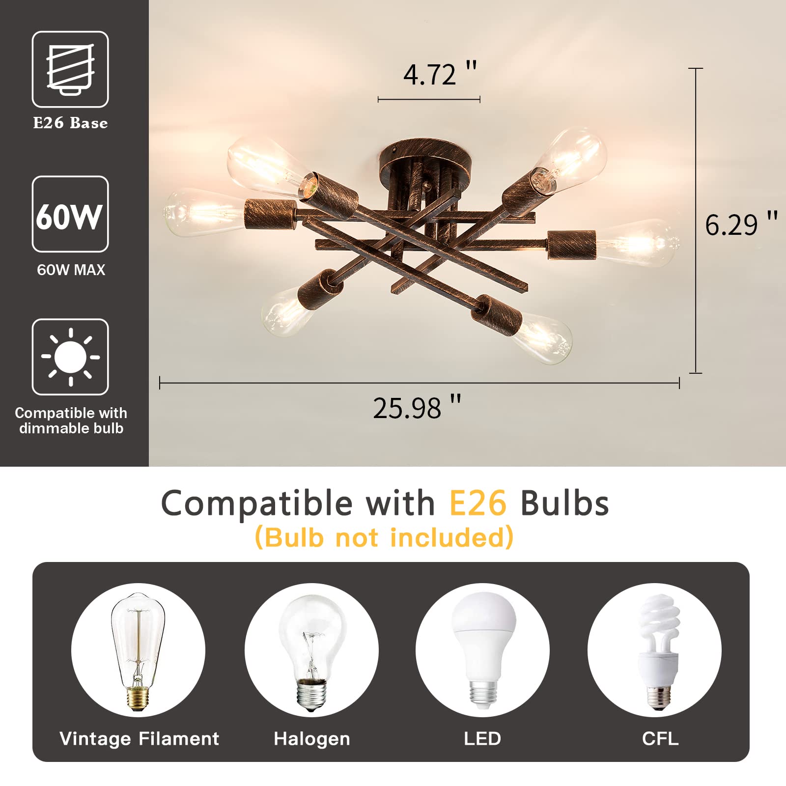 6-Lights Semi Flush Mount Ceiling Light Fixture Vintage Modern Bronze