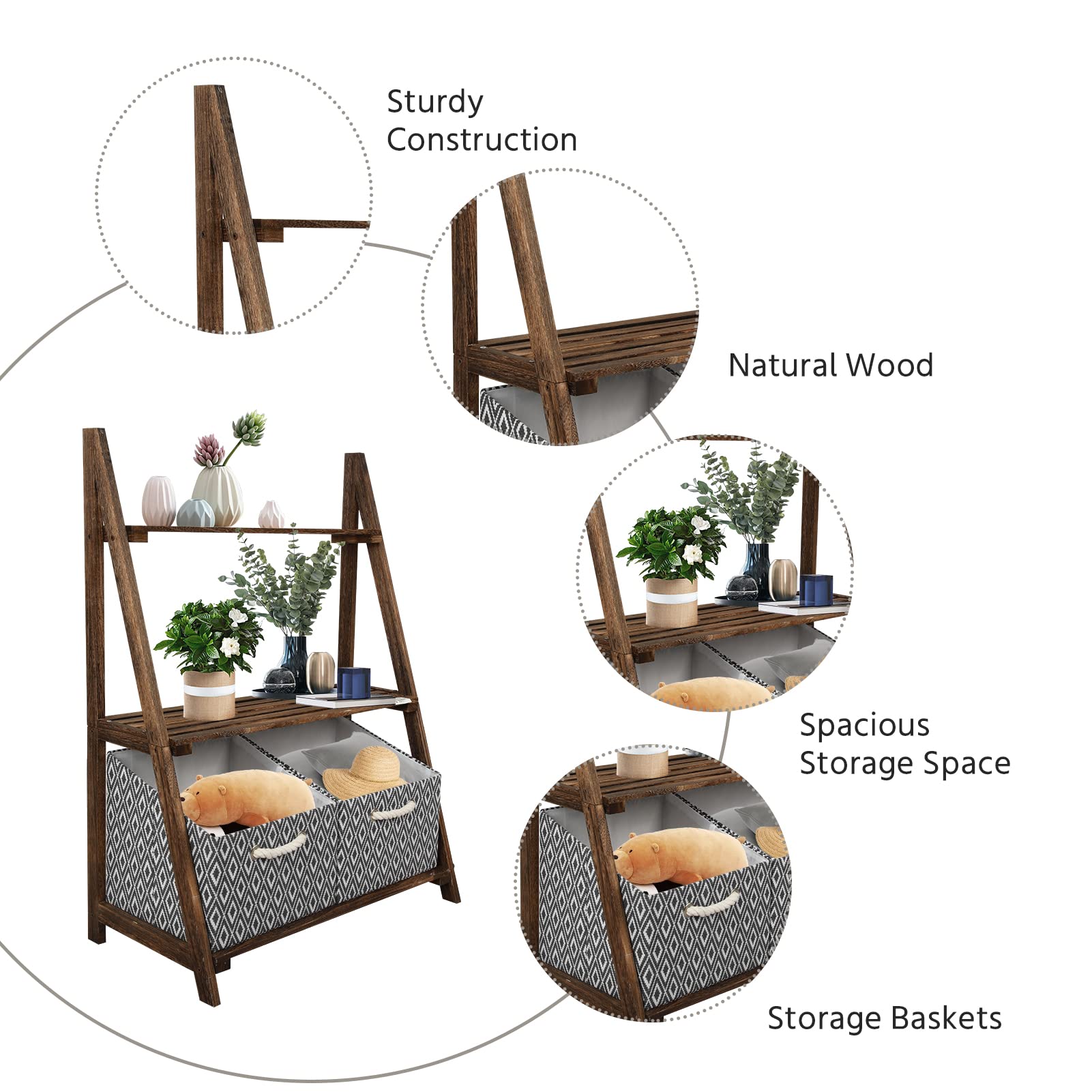 Rustic 3-Tier Wooden Ladder Shelf – Small Storage Stand with Baskets