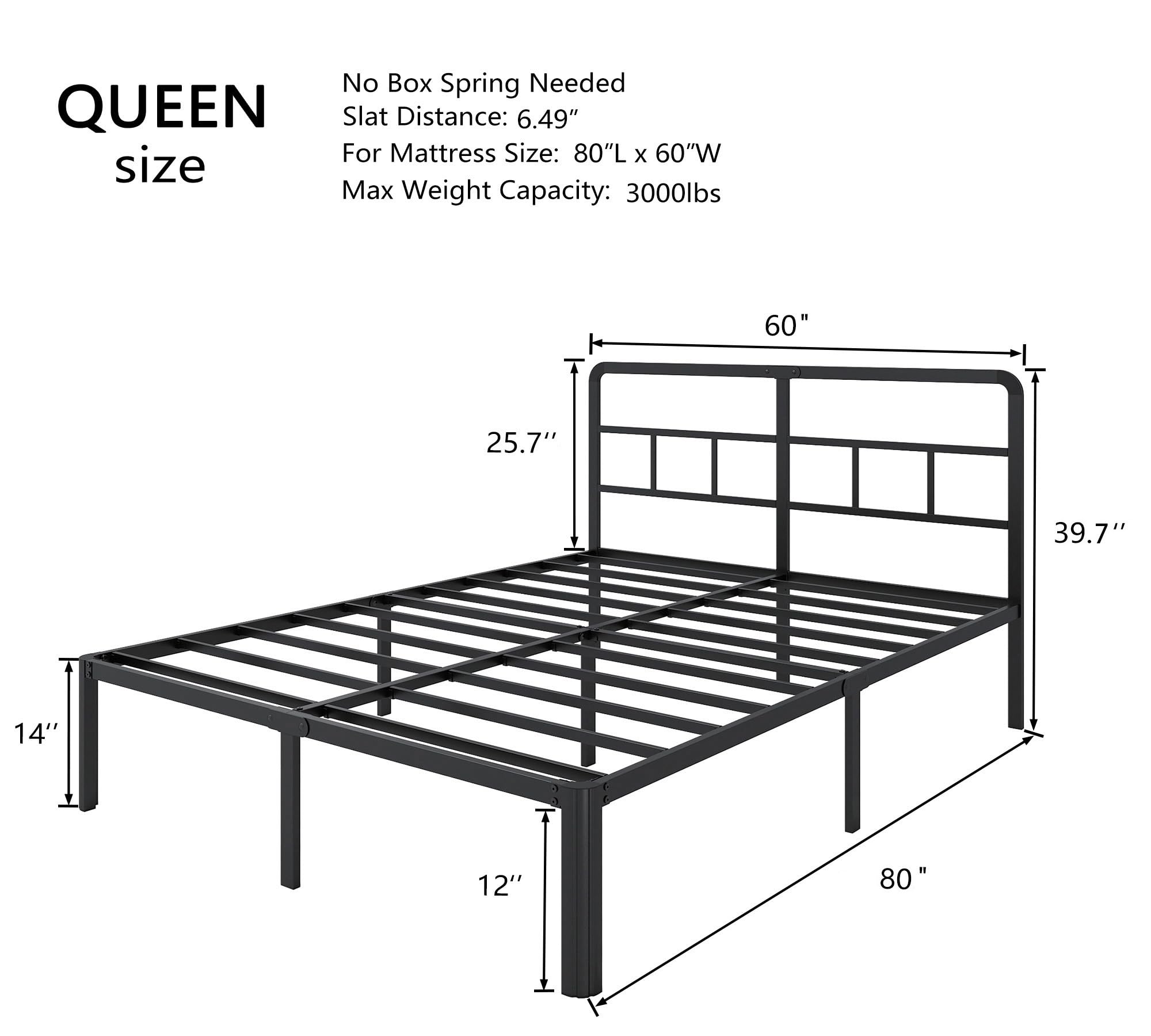 14 Inch Queen Size Bed Frame with Headboard, No Box Spring Needed