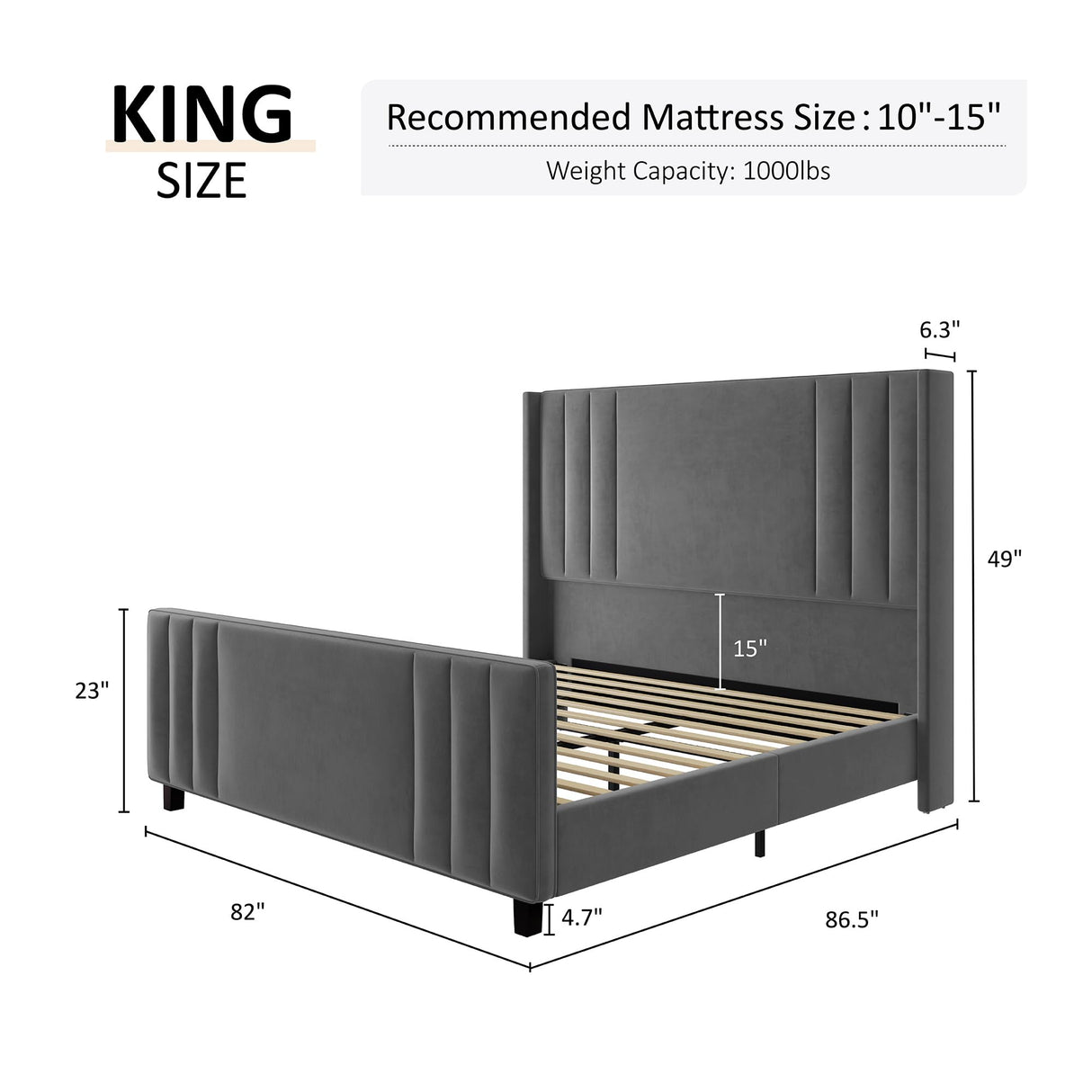 King Size Bed Frame, Velvet Upholstered Platform Bed with Vertical Channel Tufted