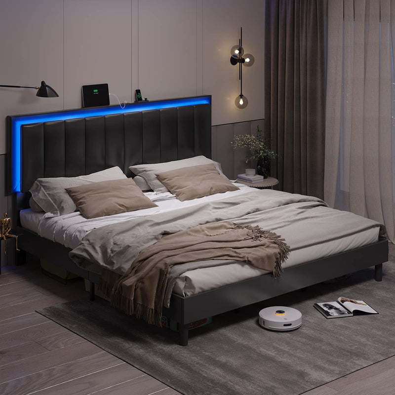 King Bed Frame with Headboard and LED Light,Vegan Leather Upholstered King Size Platform Bed
