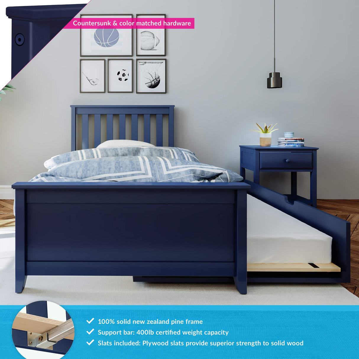 Twin Bed, Wood Bed Frame with Headboard For Kids with Trundle