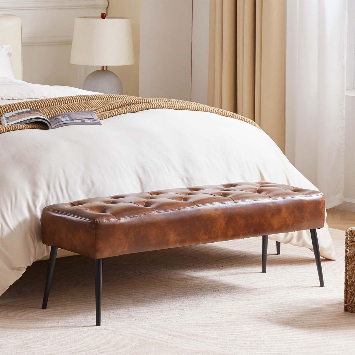 Tufted Ottoman Bench, Upholstered Bedroom Benches Leather