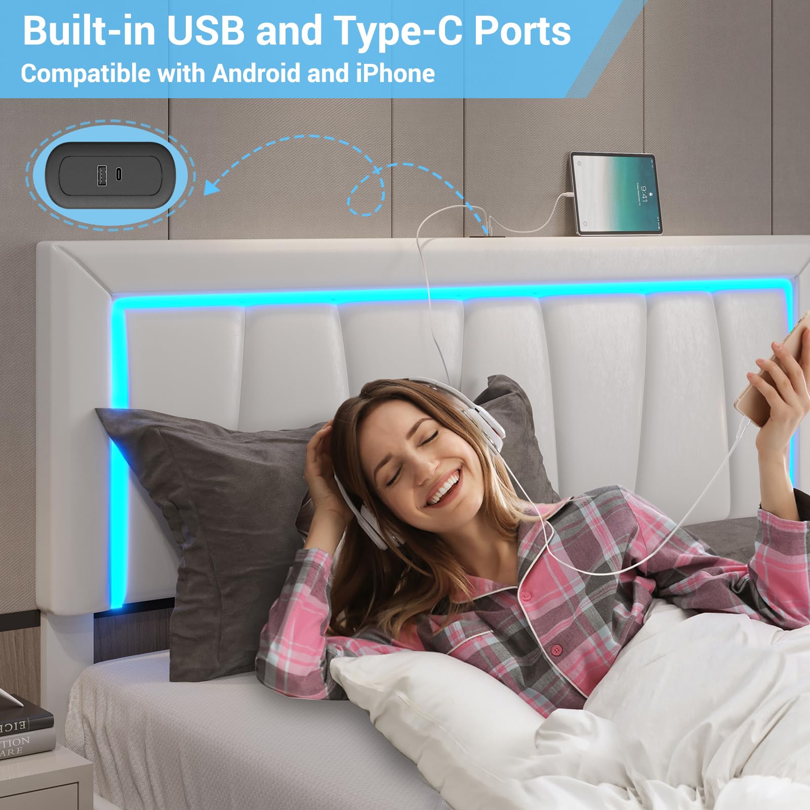 California King Bed Frame with 4 Drawers, USB Ports and Led Lights Faux Leather