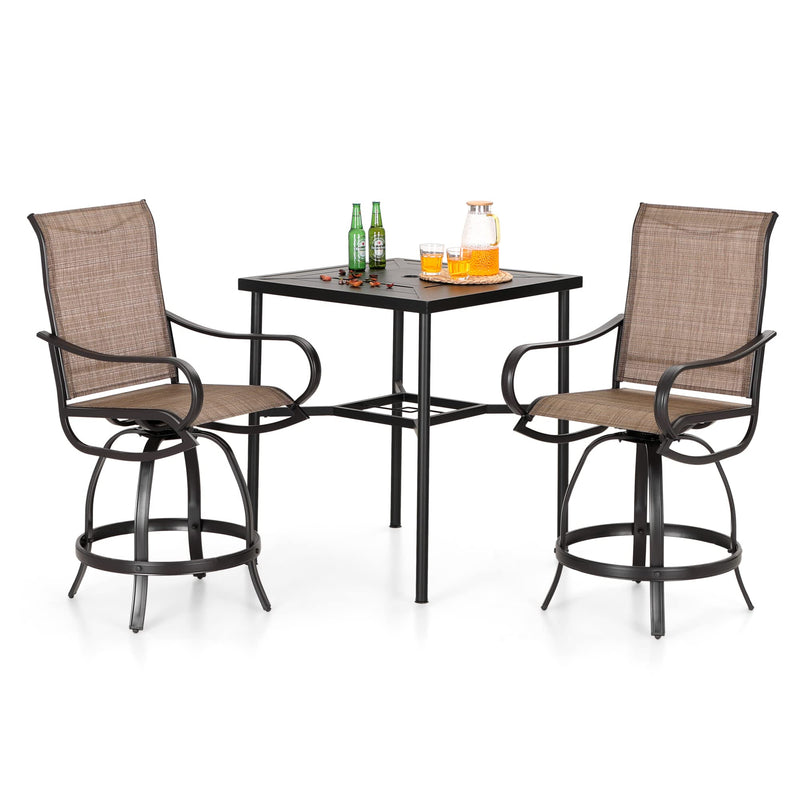 3PCS Patio Bar Set with Metal Bar Height Table and 2 Counter Height Swivel Chairs