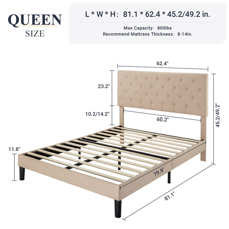 Queen Bed Frame with Adjustable Headboard/Diamond Stitched Button Tufted/Fabric